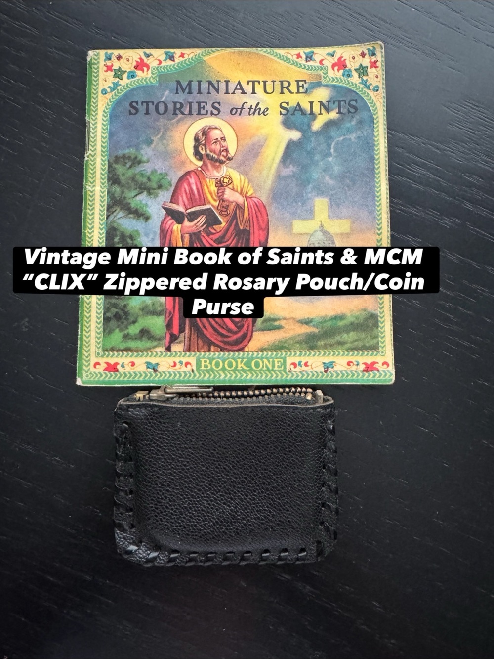 MCM Black Leather Zippered Rosary Pouch Coin Purse